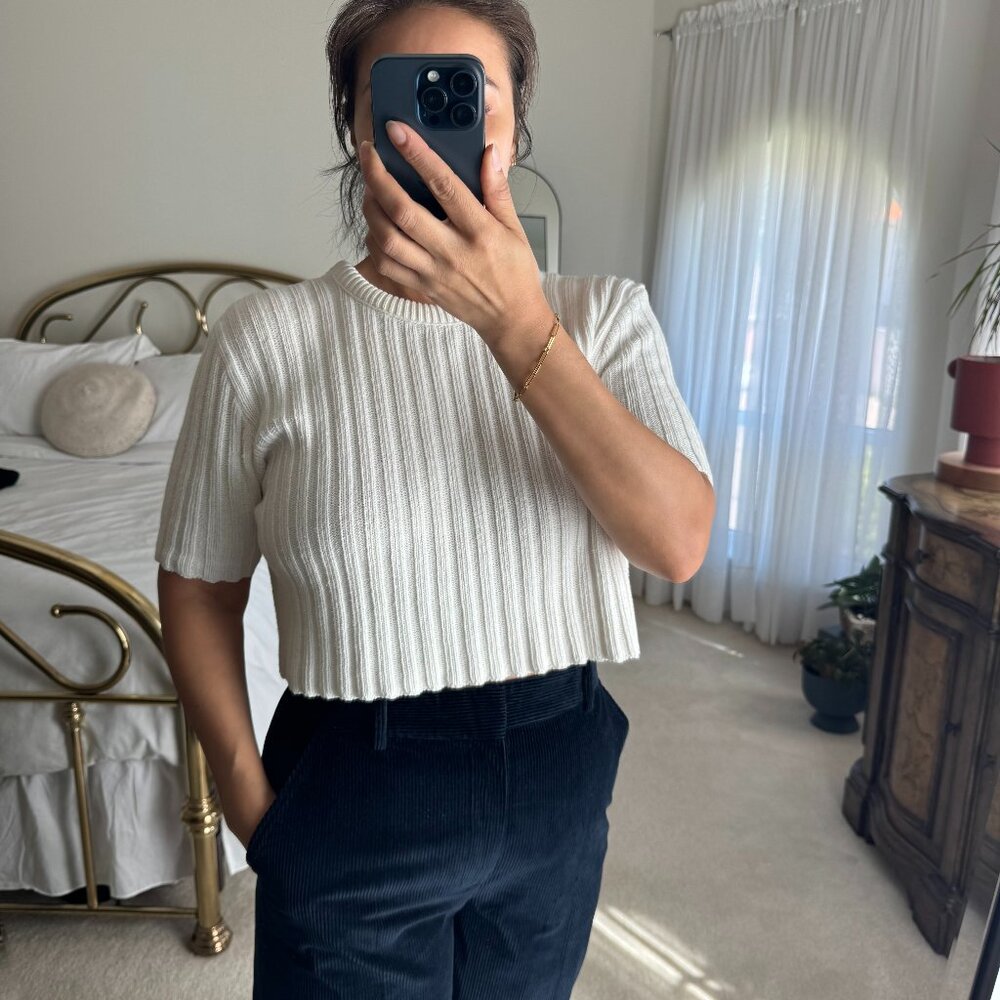 Vintage Made in USA White Thick Ribbed Knit Tee Cropped Oversized